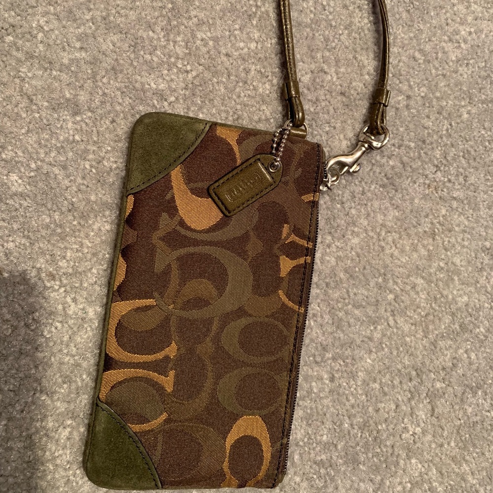 Brown and green coach wristlet